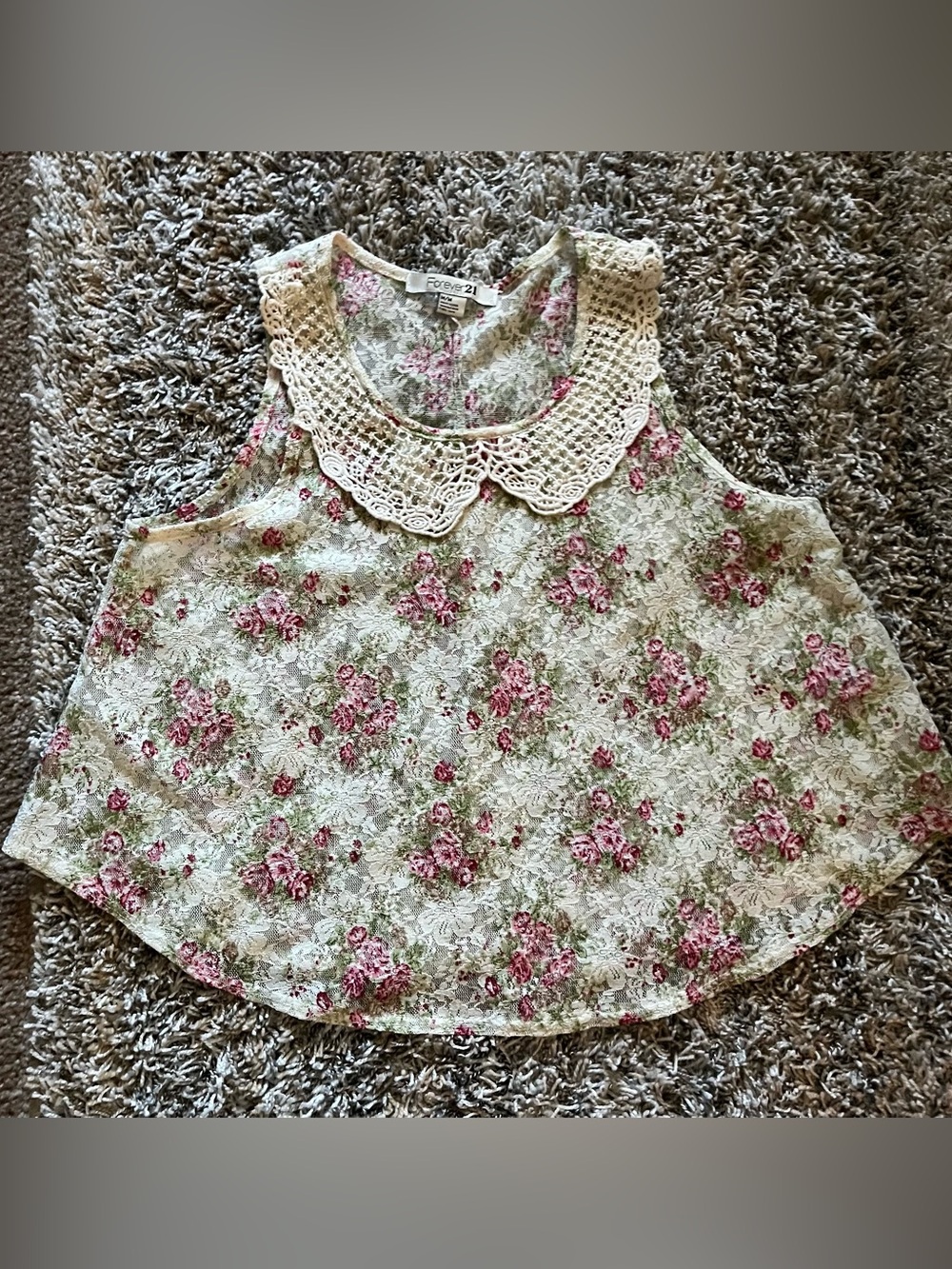 Forever 21 Pink Floral Tank with Crochet Collar